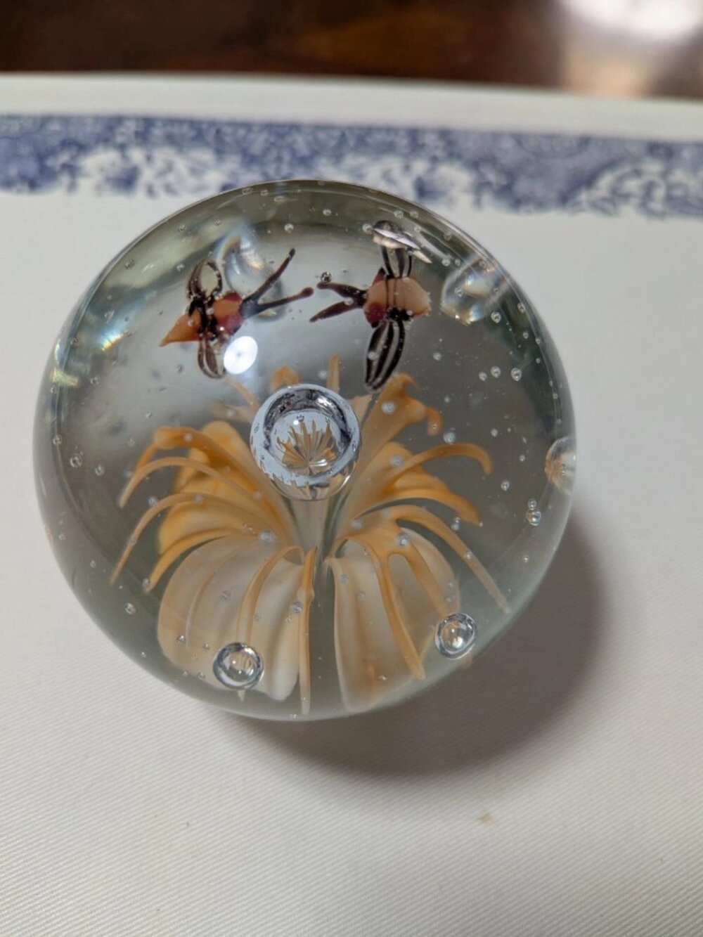 Glass Paperweight Orange Flower With Bumble Bees 2.75"
